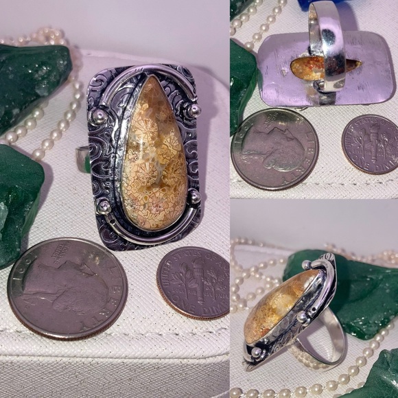 Fossil Coral Gemstone Handmade Halo Ring - Picture 7 of 7